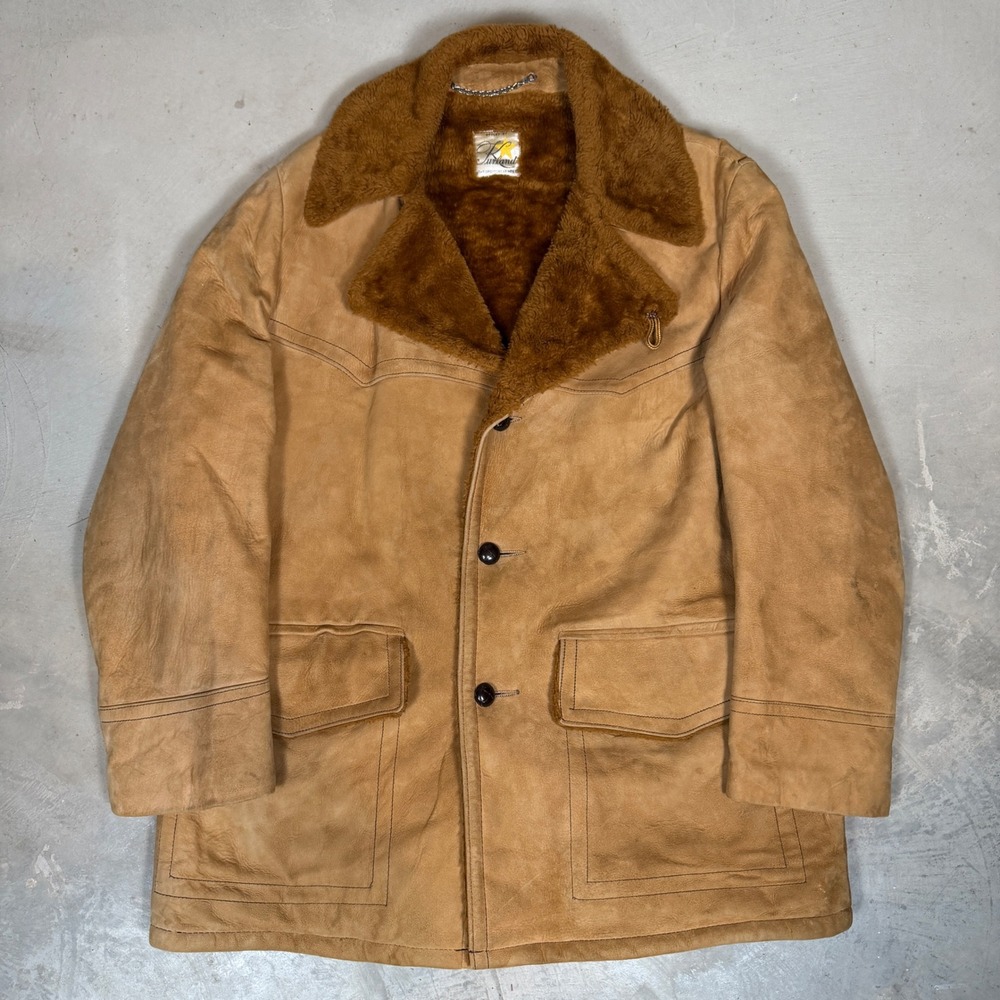 Vintage 70s Kurland Star Shearling Leather Rancher Coat Faux Fur Lined Tan XL